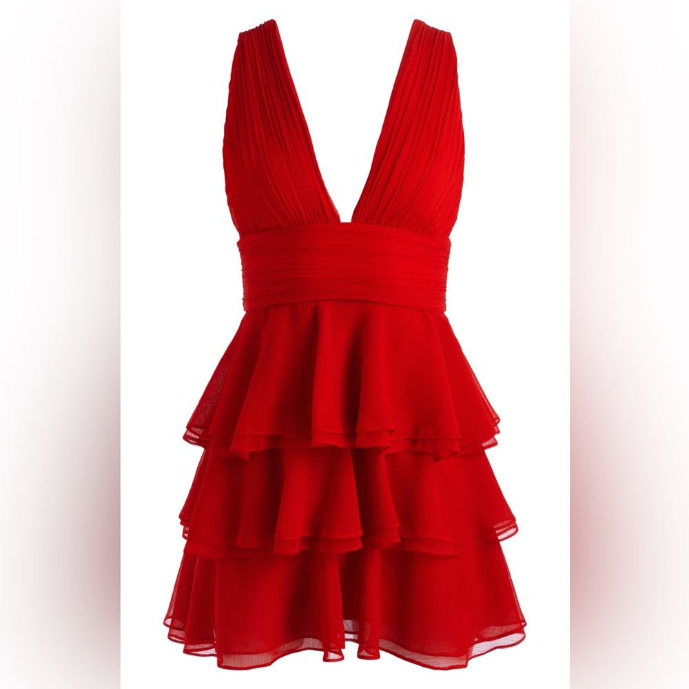 Holly Plunge neck tiered ruffle minidress